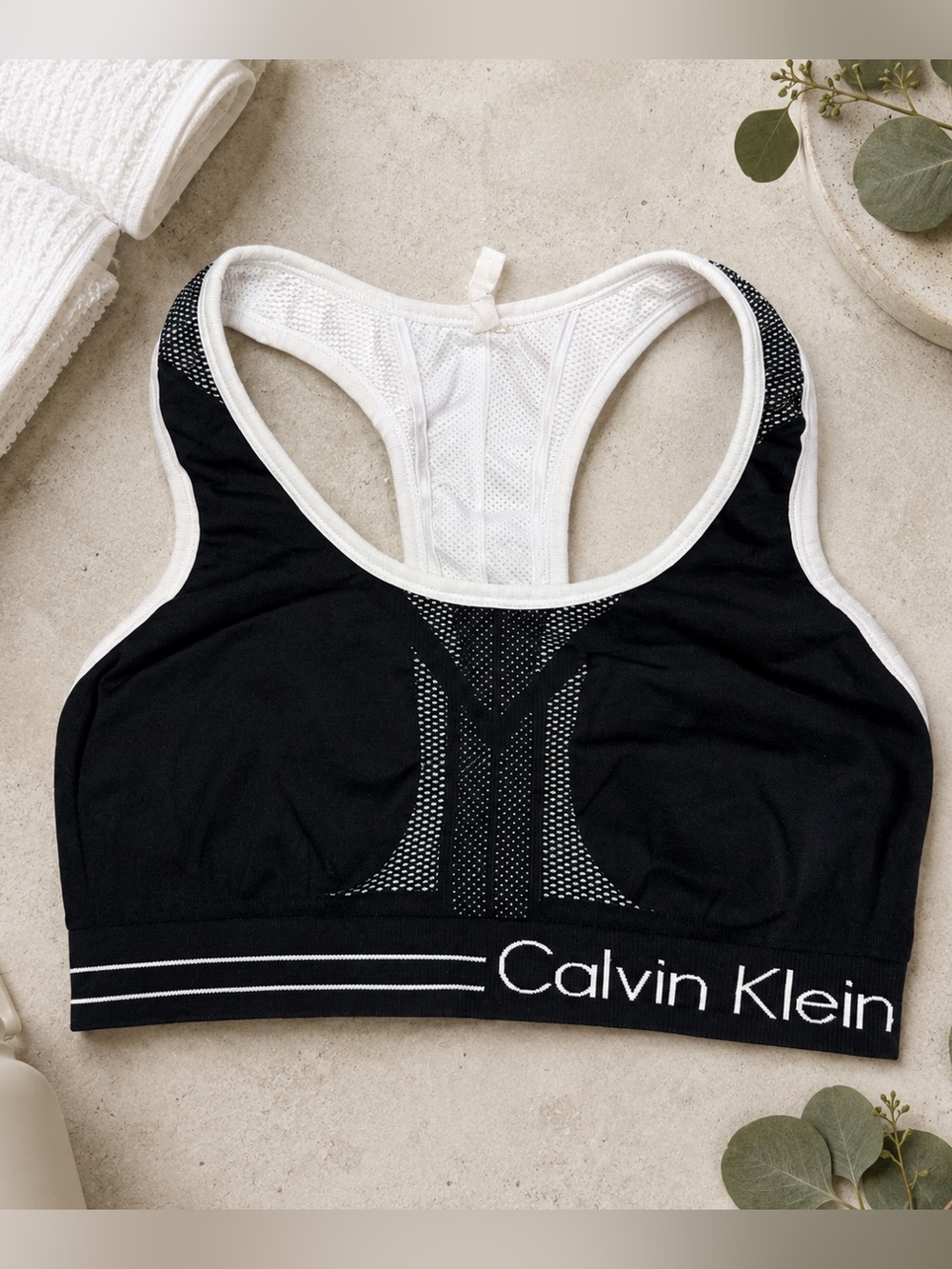 Calvin Klein Reversible Racerback Sports Bra Black White Low Impact Size L